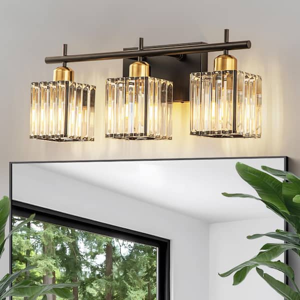 20 in. 3-Light Matte Black & Gold Crystal Vanity Light Modern Bathroom Wall Light Fixture for Mirror, Over Sink Lighting