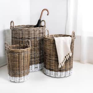 Ternion Cottage Hand-Woven Rattan Nesting Baskets with Handles, Kubu Gray/White (Set of 3)