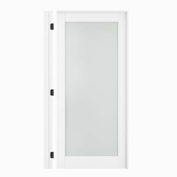 36 in. x 80 in. 1-Lite Frosted Glass Left Hand White Solid Core Glass Single Prehung Interior Door+ Quick Assemble Jamb