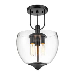 Signorelli 13.8 in. 3-Light Satin Black Mid-Century Modern Conical Dome Semi-Flush Mount with Clear Glass Shade