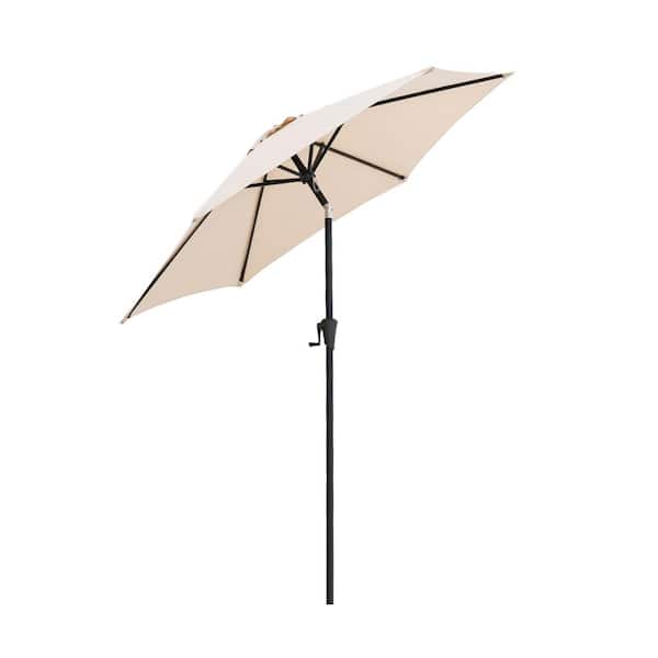 FLAME&SHADE 9 ft. Steel Market Tilt Patio Umbrella for Outdoor in Beige Solution Dyed Polyester