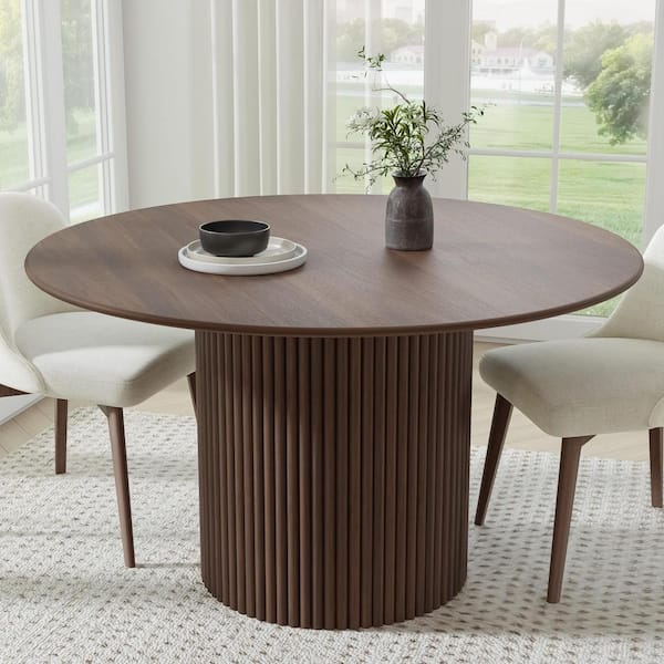 Cylindrical Walnut Colored Wood 52 in. Column Base Raw Edge Dining Table for 6