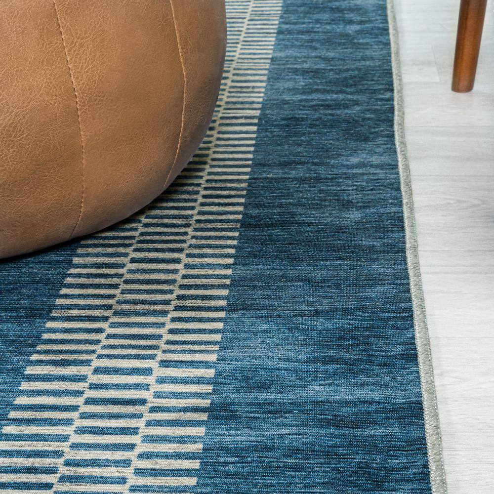 Blue and Cream Striped Machine-Washable Synthetic Area Rug