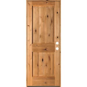 30 in. x 80 in. Rustic Knotty Alder Square Top V-Grooved Clear Stain Left-Hand Inswing Wood Single Prehung Front Door