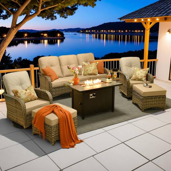 OVIOS Vinceny Gray 7-Piece Wicker Patio Rectangle Fire Pit Conversation Set with Beige Cushions and Swivel Chairs