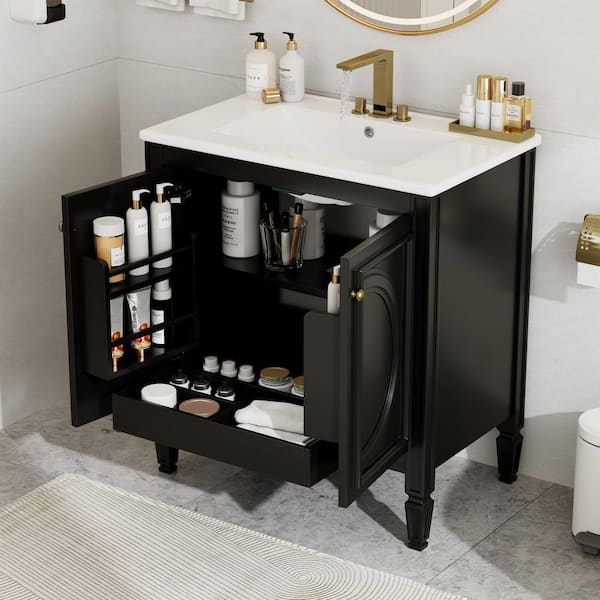 30 in. Freestanding Black Bath Vanity with White Ceramic Top Sink and Two Doors, Shelf