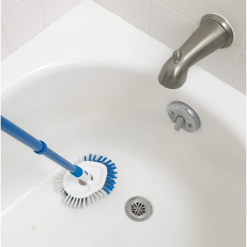 Blue and White Extendable Tub and Tile Brush with Antimicrobial Bristles
