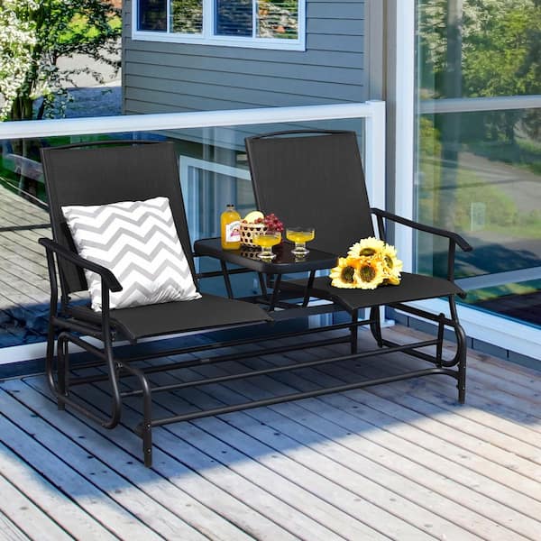 FORCLOVER 2-Person Metal Double Outdoor Glider with Center Tempered Glass Table