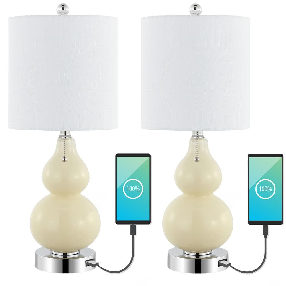22" Cream Linen Drum Shade LED Table Lamp Set with USB Port