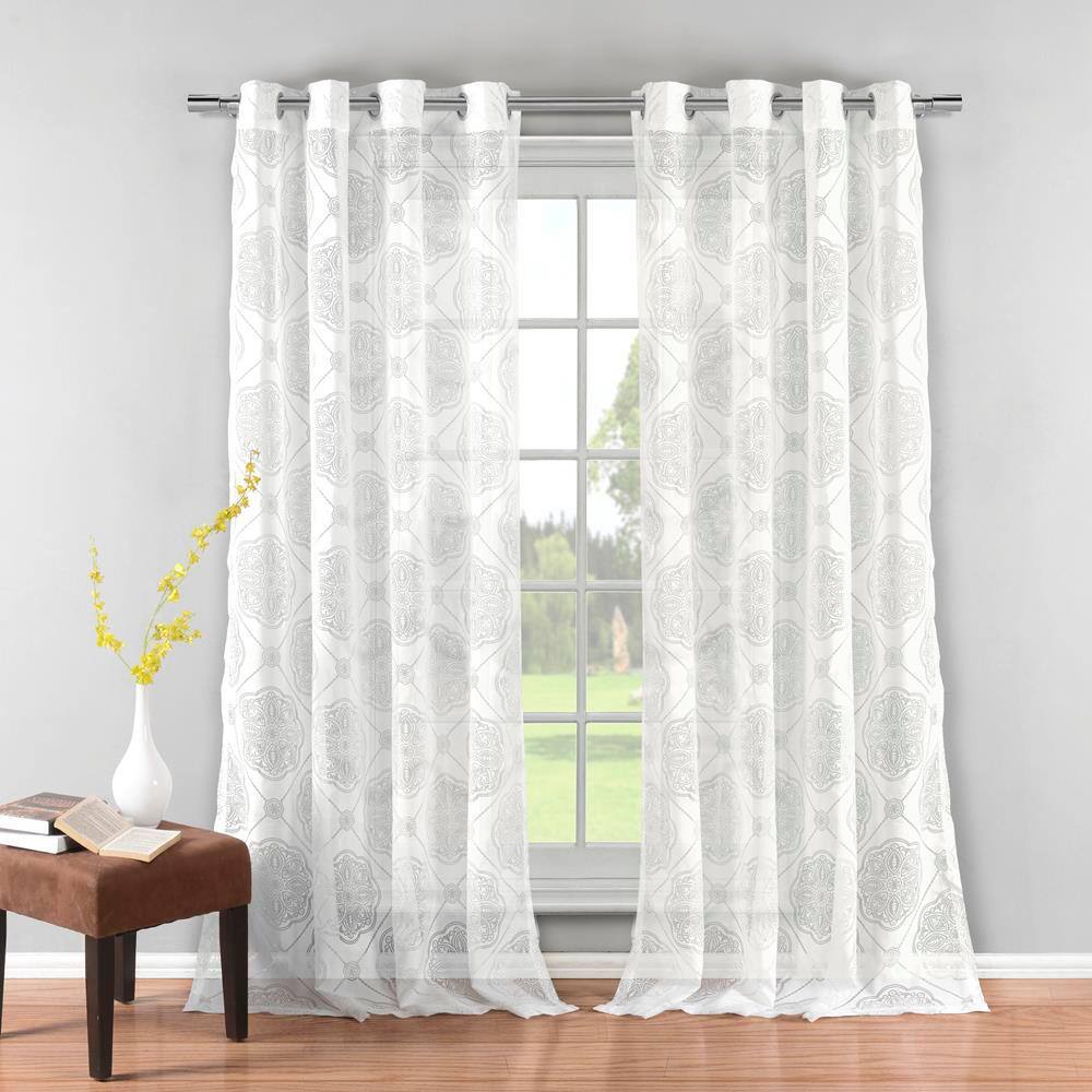White Medallion Grommet Room Darkening Curtain - 38 in. W x 84 in. L (Set o