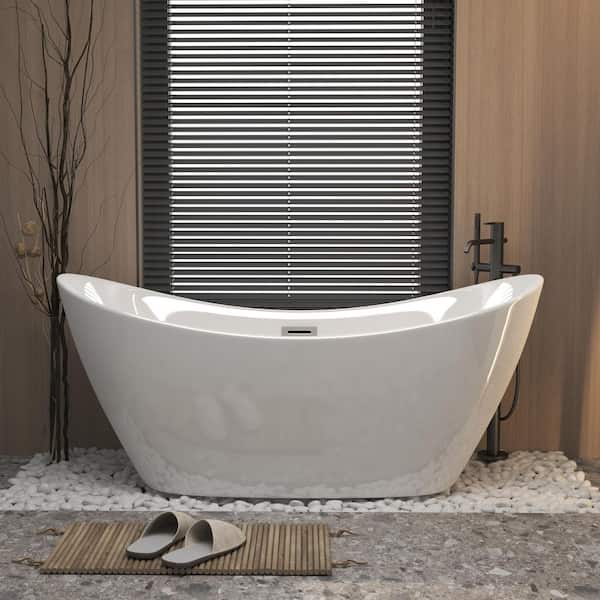 67 in. x 30 in. Acrylic Soaking Freestanding Twin Slipper Bathtub with Chrome Drain in Glossy White
