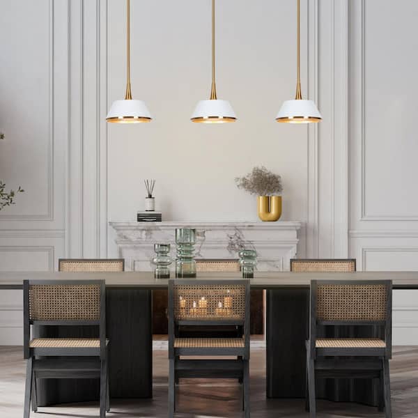 Modern 9 in. 1-Light Brass Gold and White Pendant Light with Bell Shade White Pendant for Kitchen Island and Dining Room