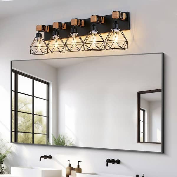 31 in. Modern Geometric 5-Light Black Vanity Light Fixture with Black Metal Wooden Accents (Bulb Not Included)