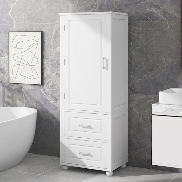 Zeus & Ruta 23 in. W x 15.9 in. D x 61.4 in. H White Linen Cabinet with 2-Drawers and Adjustable Shelf