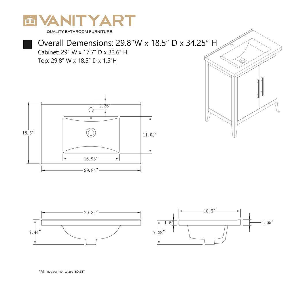 White 30" Single Bathroom Vanity Set with Brushed Nickel Hardware