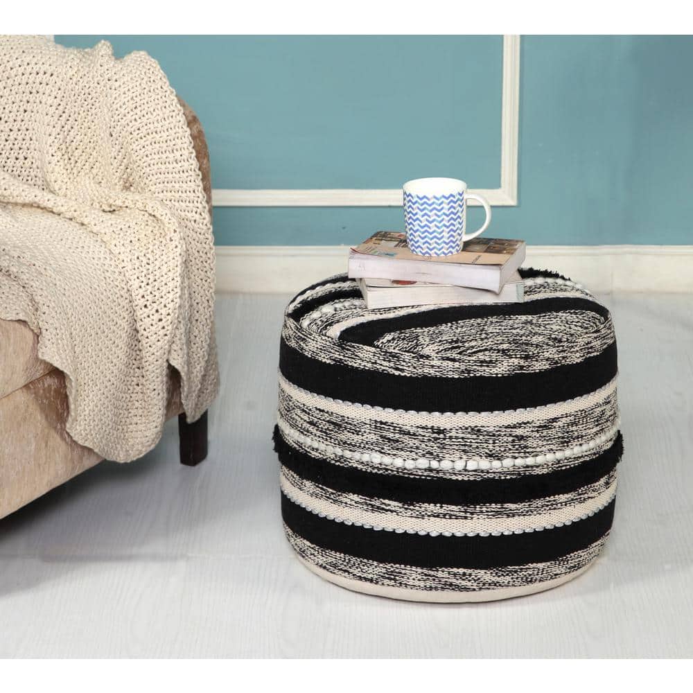 Chic Monochrome Striped Cotton Round Pouf, Black & Natural, 18"x14"