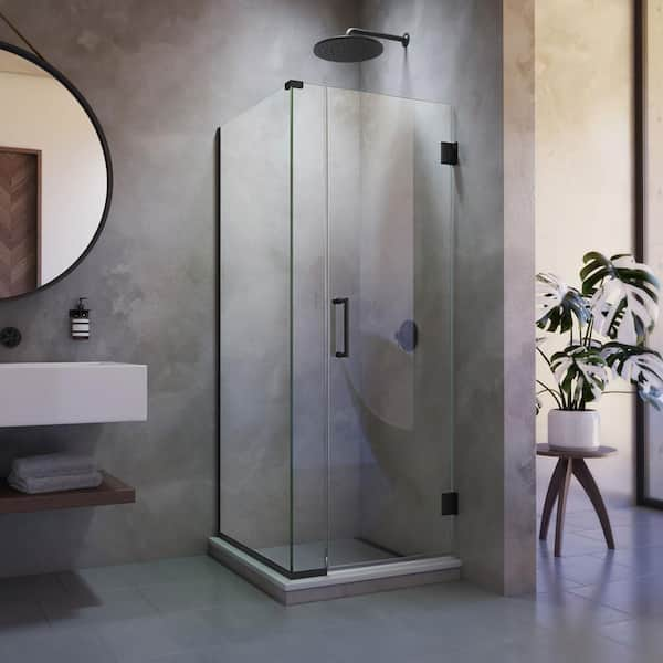 Unidoor Plus 30 in. W x 30-3/8 in. D x 72 in. H Frameless Hinged Shower Enclosure in Matte Black