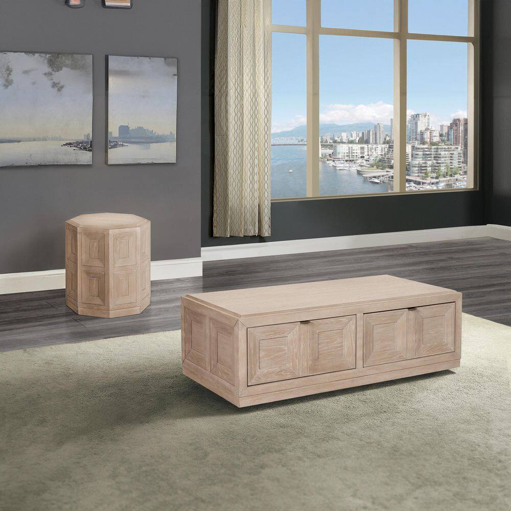 Flonnin 2-Piece 54 in. Tawny Rectangle Wood Coffee Table Set with Ornamental Sunken Panels, Caster Wheels