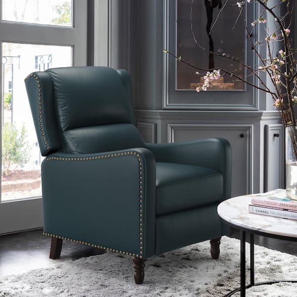 LUE BONA 26 in. Width Lake Blue Genuine Leather Living Room Chairs Recliner Armchair with Nailhead Trim