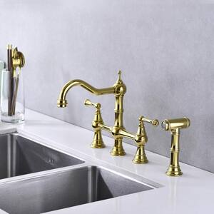 Double Handle Solid Brass Hot and Cold Bridge Kitchen Faucet with Pull Out Side Spray in Polished Gold