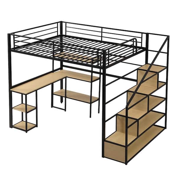 Nestfair Black Metal Full Size Loft Bed with Staircase, Built-in Desk and Shelves
