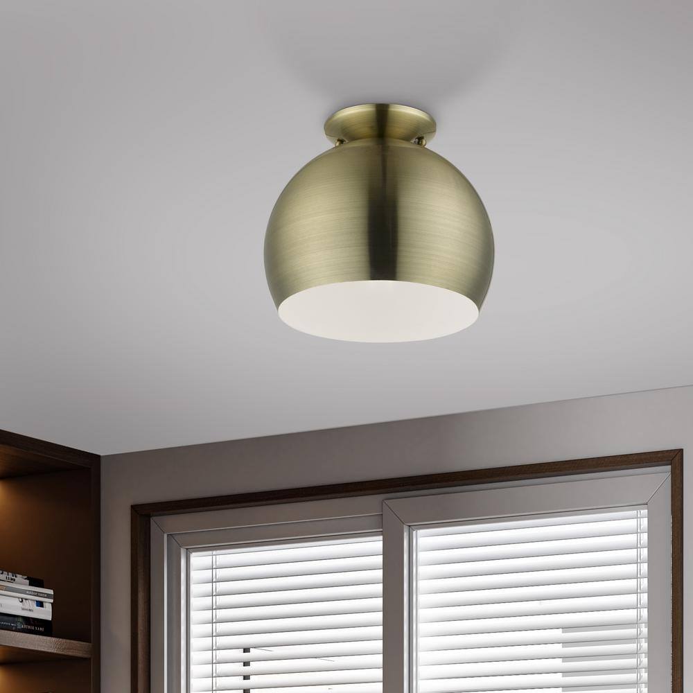Elegant Antique Brass 1-Light Flush Mount with White Interior