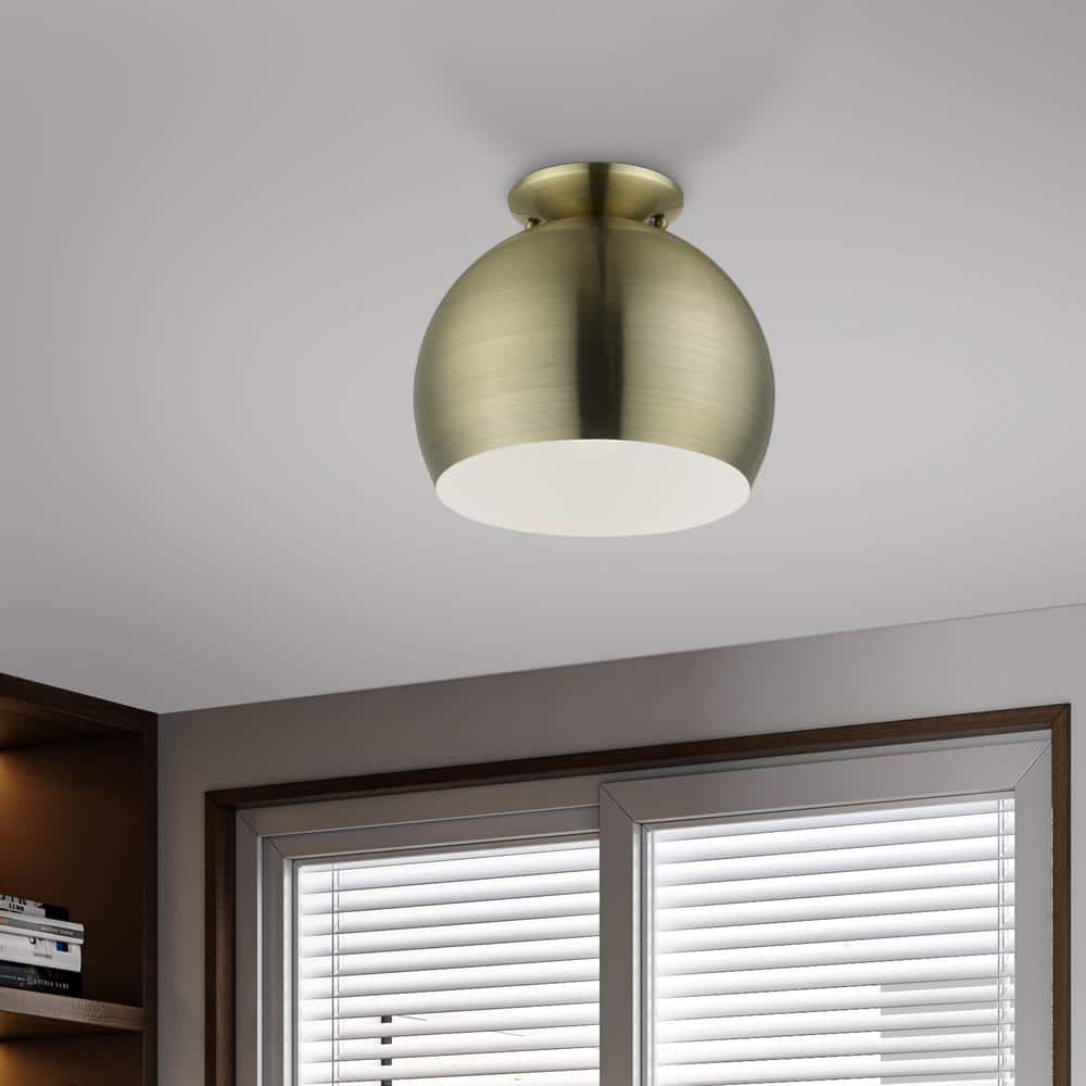 Elegant Antique Brass 1-Light Flush Mount with White Interior