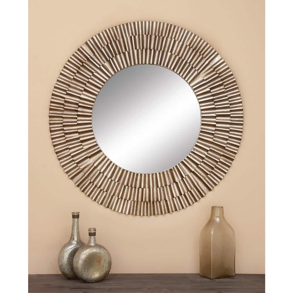 Rustic Sunburst Round Wall Mirror in Silver and Gold Leather