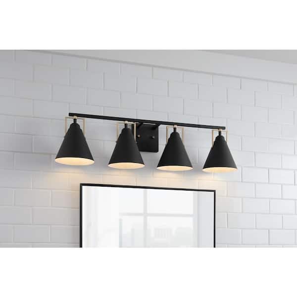 Home Decorators Collection Insdale 4-Light Matte Black Modern Bathroom Vanity with Satin Brass Accents