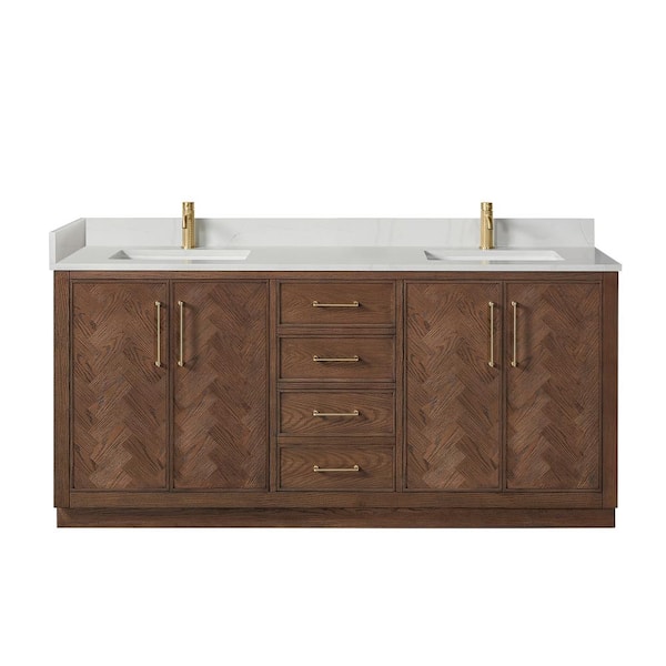 Jakarta 72 in. W. x 22 in. D x 33.9 in .H Double Bath Vanity in Aged Dark Brown Oak with Silk White Quartz Stone Top