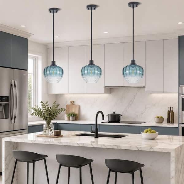 Rayhome 9 in. 1-Light Blue Ribbed Shade Pendant Hanging Light with Gradient Blue Glass for Kitchen Island,Dining Bedroom