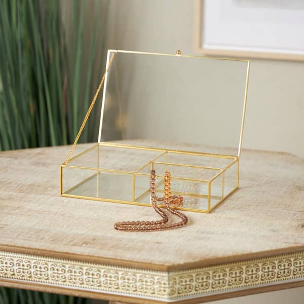 Litton Lane Clear Glass 3 Slot Jewelry Box with Gold Metal Frame and Chain Accent
