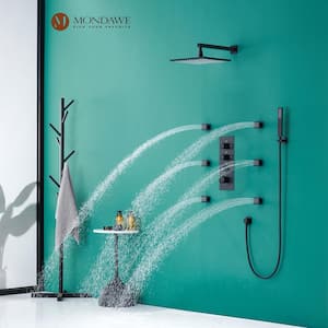Luxury LED Thermostatic 3-Spray Patterns 12 in. Wall Mount Rain Dual Shower Heads with 6-Jet in Matte Black