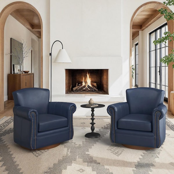 OrangeOne Navy Mid-Century Genuine Leather Curved Highback Swivel