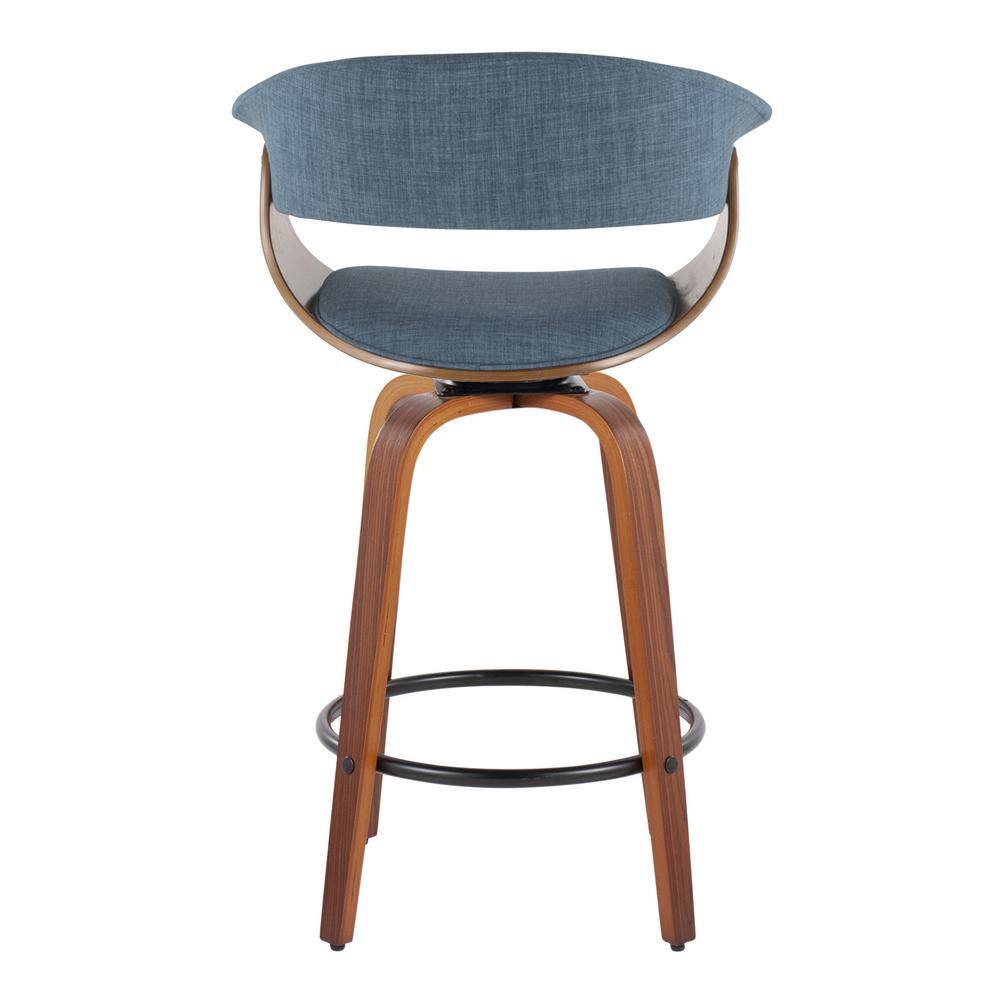 Set of 2 Blue Walnut Swivel Counter Stools with Black Metal Footrest