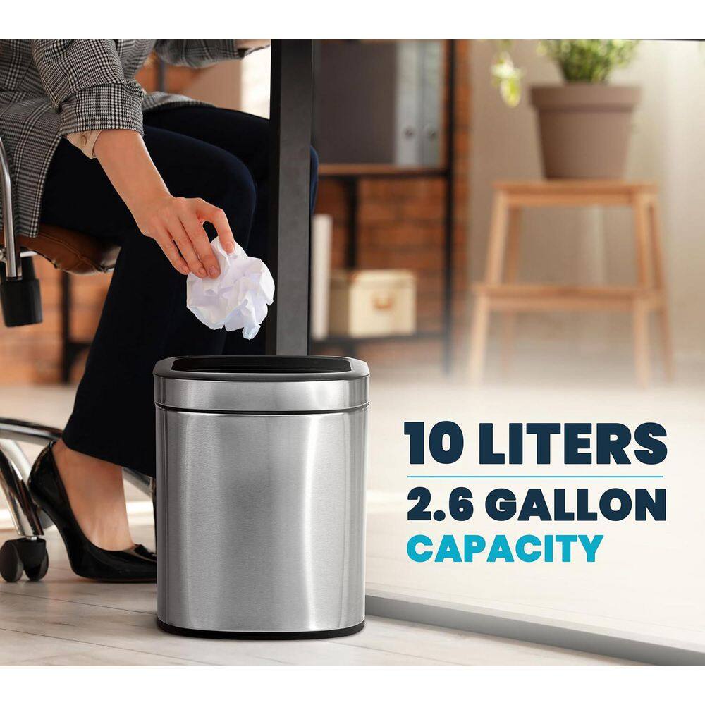 Stainless Steel Rectangular Open Top Trash Can with Liner, 2.6 Gallon