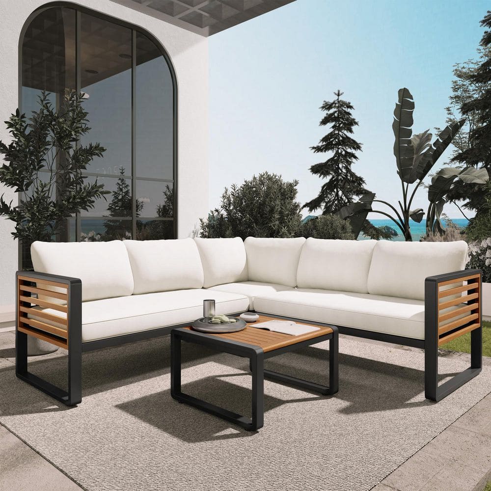4-Piece Wood Patio Conversation Set with Beige Cushions L-Shaped Sofa and a Coffee Tables