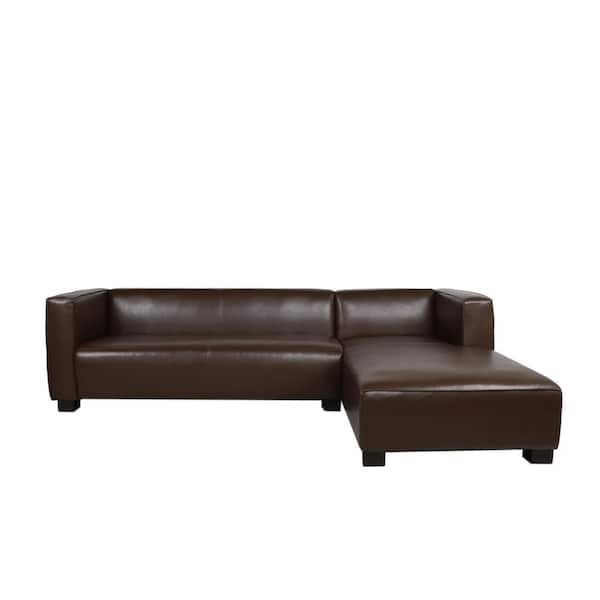 Noble House Denison 3-Seat 102.25 in. Square Arm Specialty Cognac Brown Faux Leather Sofa with Chaise Lounge