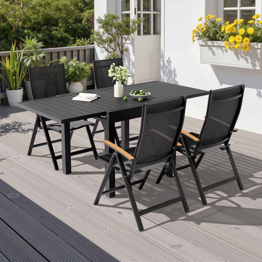 5-Piece Black Outdoor Dining Set Outdoor Furniture with Aluminum Extendable Table and 4-Adjustable Backrest Chairs
