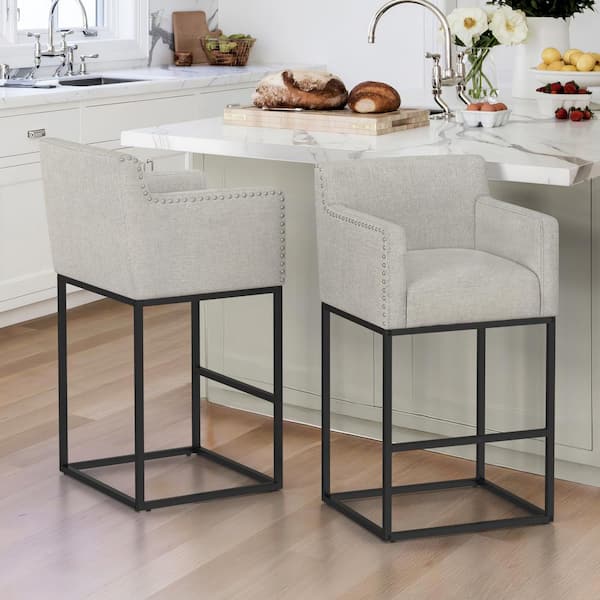 LUE BONA Luna 30 in. Gray Fabric Upholstered Counter Bar Stool with Black Metal Frame Square Counter Stool Set of 2