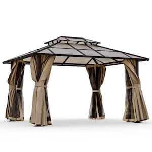 12 ft. W x 10 ft. D Aluminum Brown Patio Gazebo with Polycarbonate Double Hardtop Roof