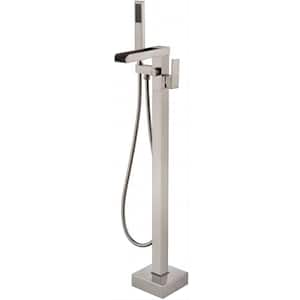 Modern Open Waterfall Single-Handle Freestanding Tub Faucet with Hand Shower Valve Included in Brushed Nickel