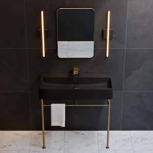 Carre 36 in. Ceramic Console Sink Basin in Matte Black with Brushed Gold Legs