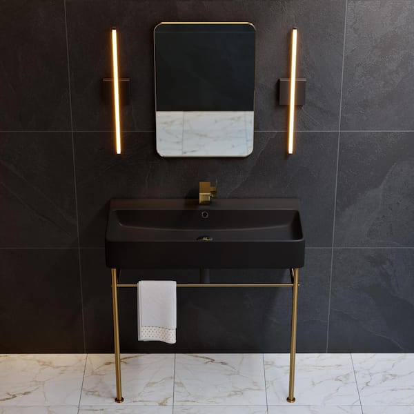 Swiss Madison Carre 36 in. Ceramic Console Sink Basin in Matte Black with Brushed Gold Legs