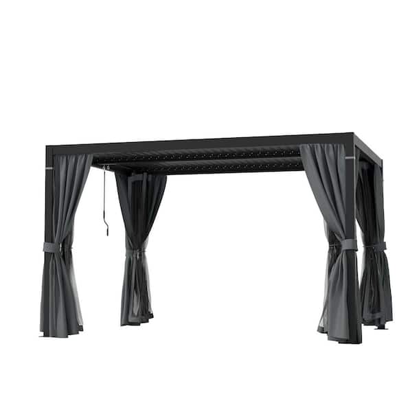 10 ft. x 13 ft. Aluminum Louvered Pergola with Adjustable Roof and Gray Curtains