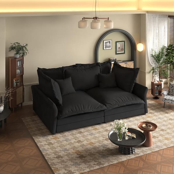 Harper & Bright Designs Convertible 90.55 in. W 2-Piece Velvet Upholstered Sectional Sofa in Black with Multiple Large Soft Pillows