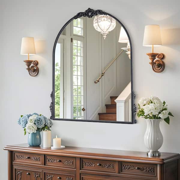 Elevatehome 20 in. W x 26 in. H Intricately Carved Vintage Black Arched Framed Wall Bathroom Vanity Mirror