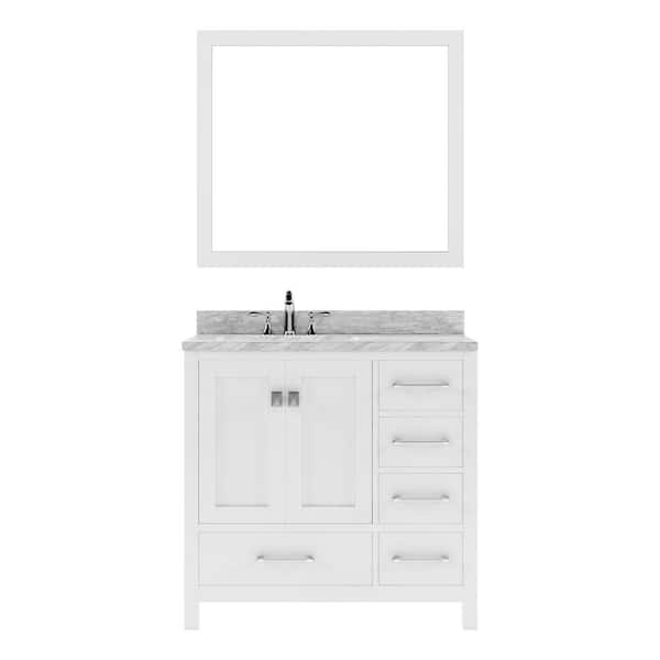 Virtu USA Caroline Avenue 36 in. W x 22 in. D x 34 in. H Single Sink Bath Vanity in White with Marble Top and Mirror