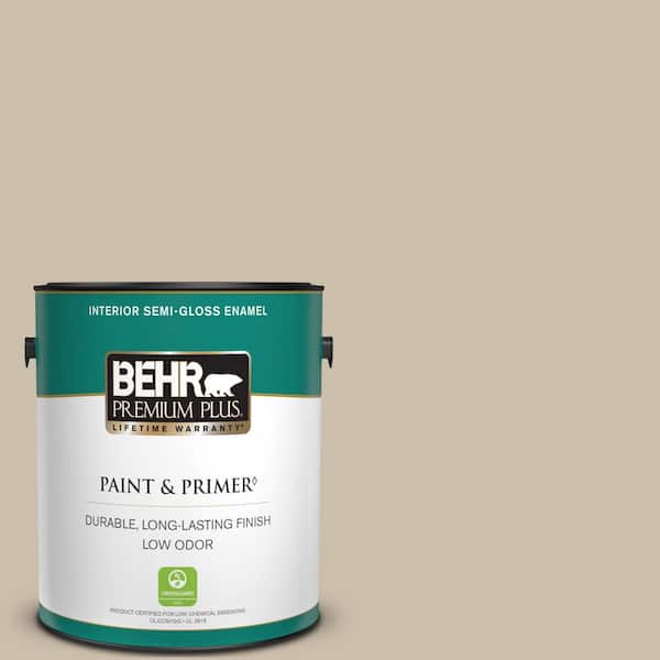 BEHR PREMIUM PLUS 1 gal. Home Decorators Collection #HDC-AC-10 Bungalow Beige Semi-Gloss Enamel Low Odor Interior Paint & Primer