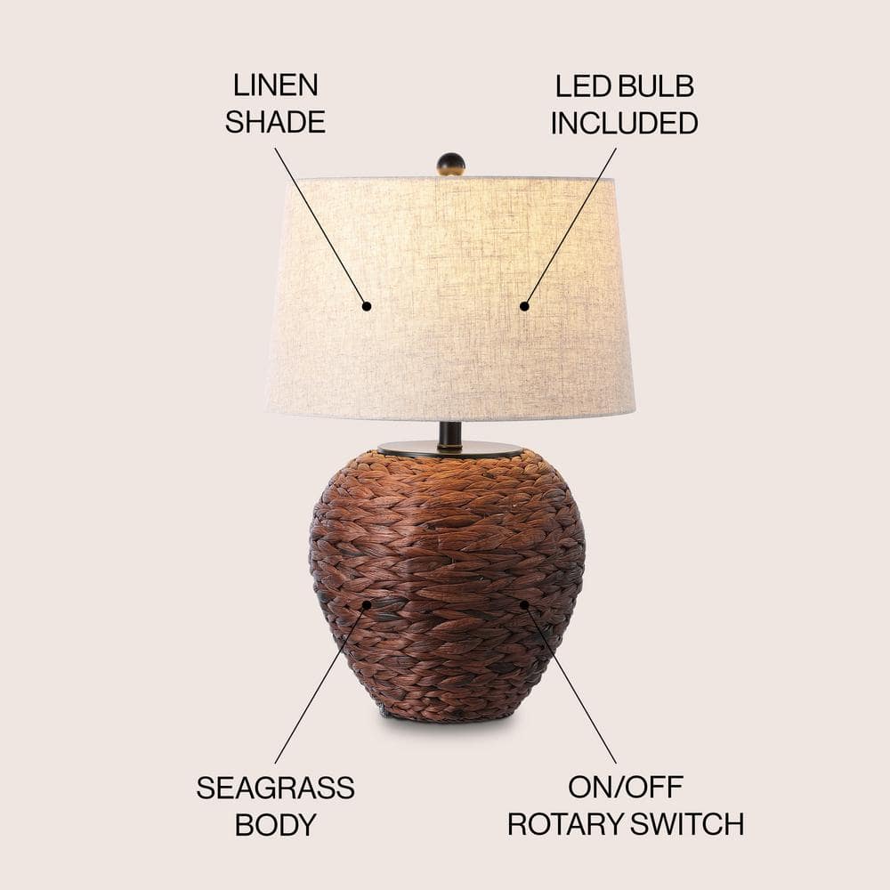 Dark Brown Water Hyacinth Basket Table Lamp with Beige Linen Shade